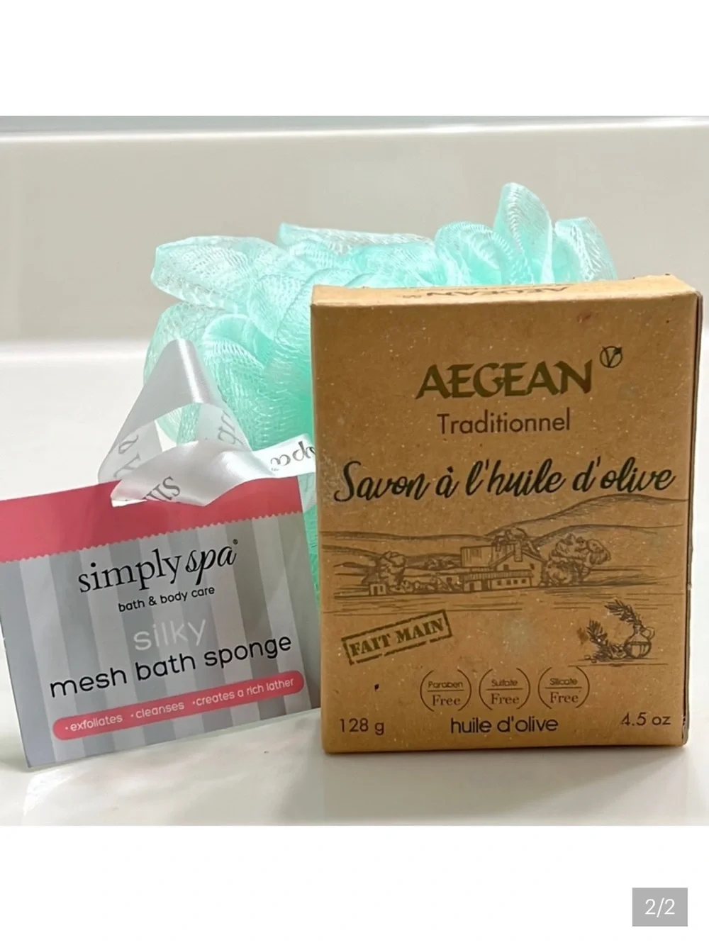 Aegean Organic Olive Oil Soap Set + Simply Soap Mesh Bath Sponge |